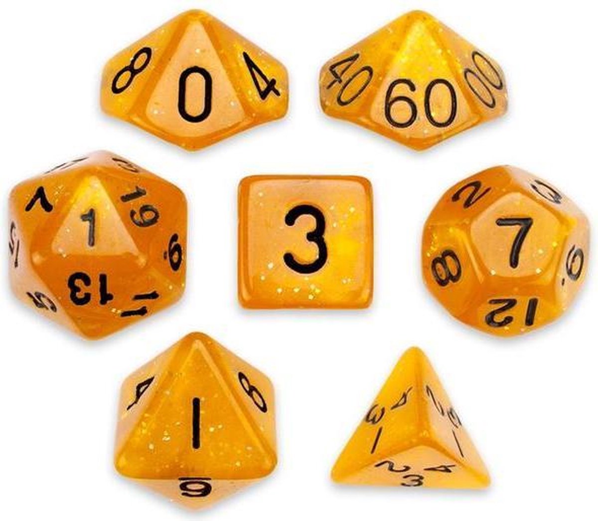 Polydice - Polyhedral dobbelstenen set 8 delig | Set van 7 in velours bewaarzakje / bag / pouch| dungeons and dragons dice | D&D  Pathfinder RPG | Oranje gespikkeld (galaxy)